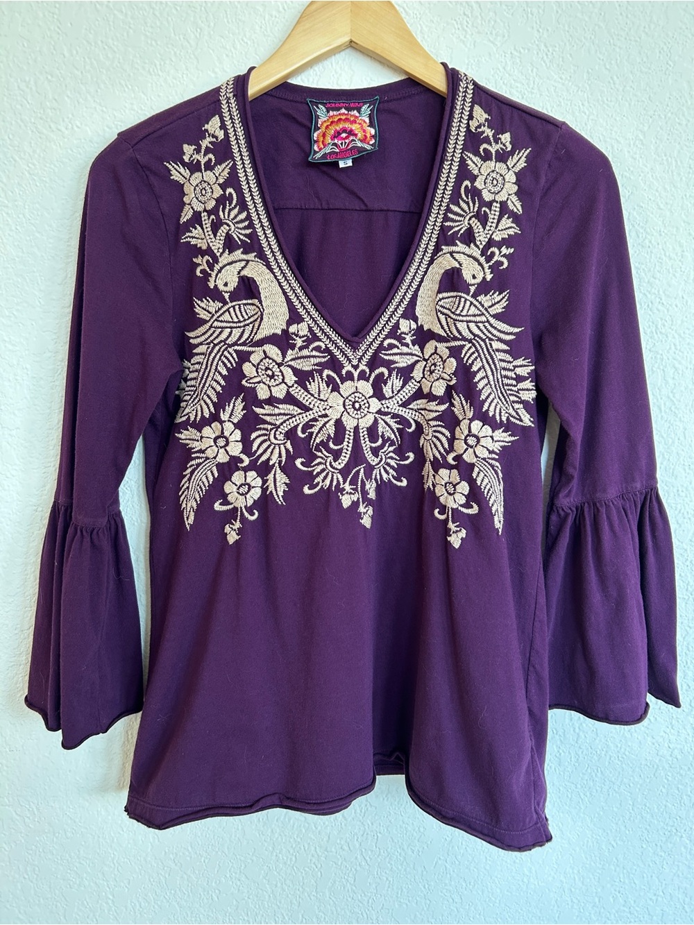 Johnny Was Small Embroidered V-Neck Bell Sleeve Top - Purple